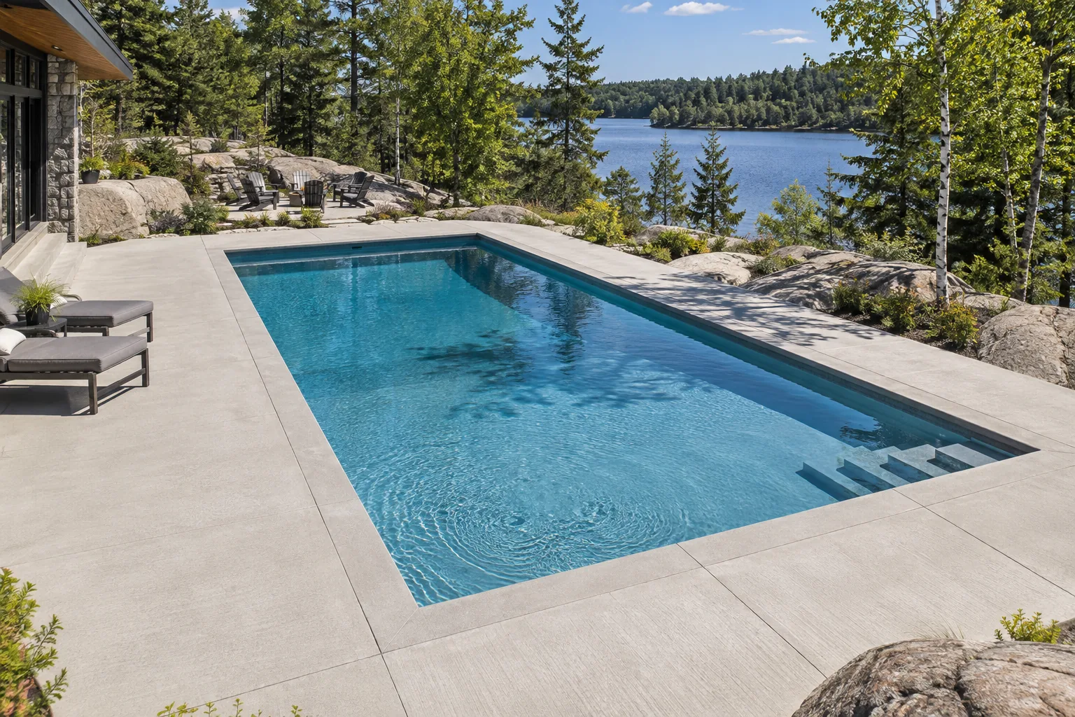 Light concrete pool deck set among lakes and rock in the Sudbury area